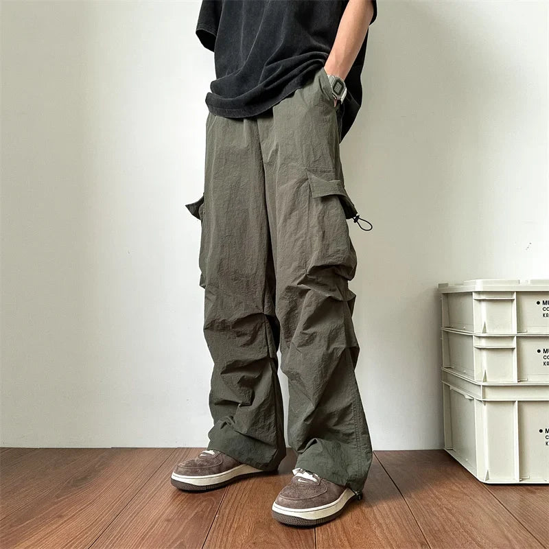 Summer Thin Pants Men Fashion Pocket Cargo Pants Men Japanese Streetwear Hip-hop Loose Straight Pants Mens Oversized Trousers