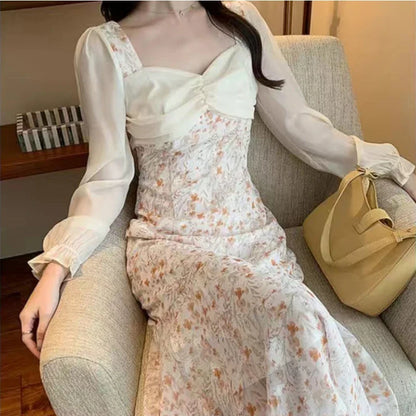 xsrrr Vintage Floral Trumpet Dress Women French Sweet Long Sleeve Fairy Midi Dress Female Autumn Evening Elegant Princess Dresses