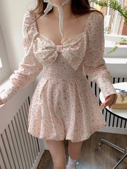 xsrrr Japanese Sweet Floral Lolita Dress Women Bow Chic Elegant Beach Party Dresses Ladies Y2k Pink Kawaii Summer One-piece Dress