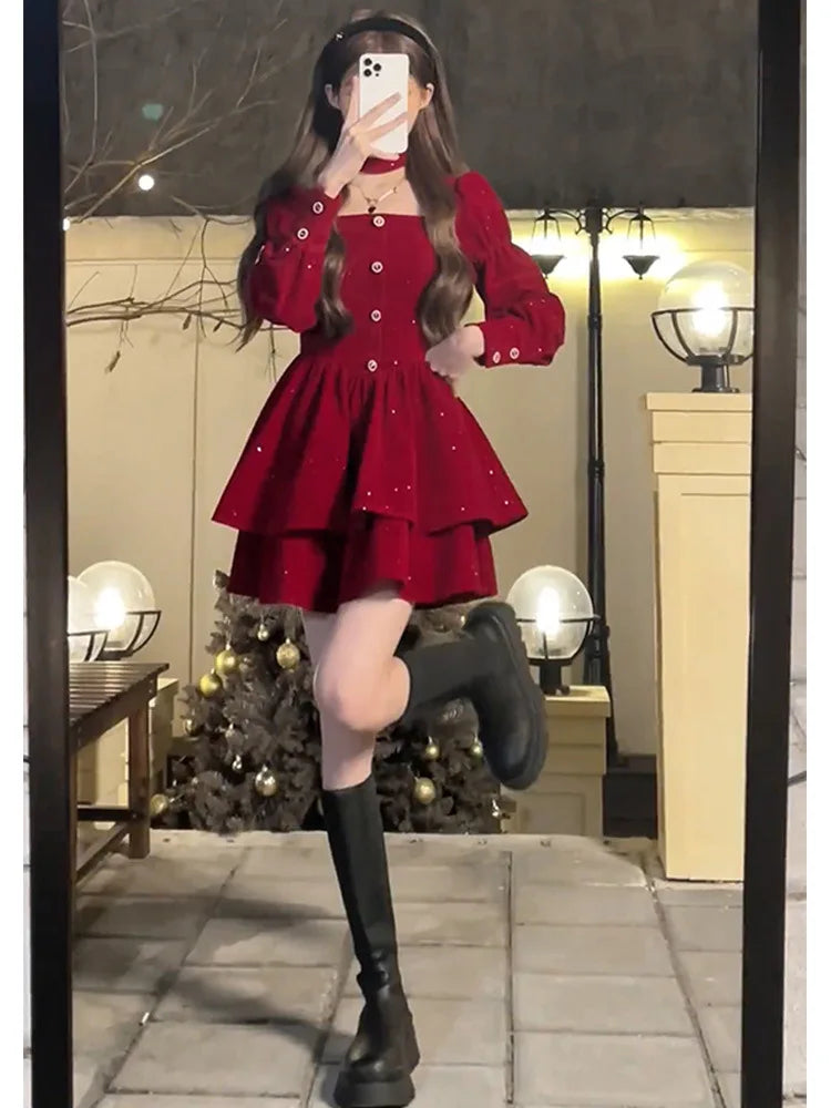 xsrrr Christmas Red Dress Female Hepburn Style Temperament Long Sleeved Slim Velvet French Dress Autumn Winter Sweet Holiday Outfit