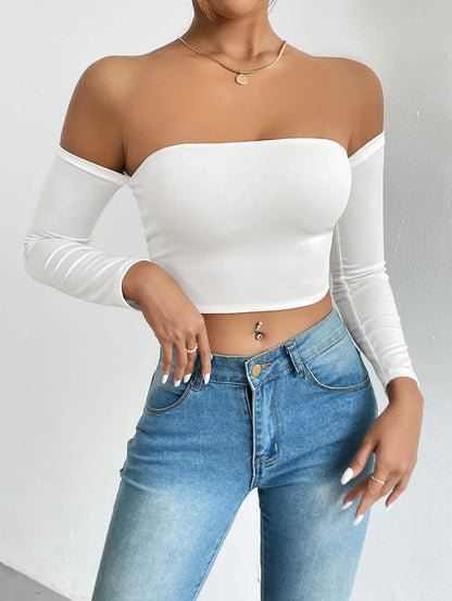 xsrrr Off Shoulder Crop T-Shirt, Casual Long Sleeve Top For Spring & Fall, Women's Clothing