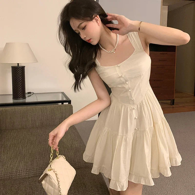 xsrrr DRESS TO IMPRESS Women Beige Dress Sexy Sweet Elegant Backless Ruffle Edge Mini Skirt Fashion Square Collar Lady Pleated Short Dresses Summer