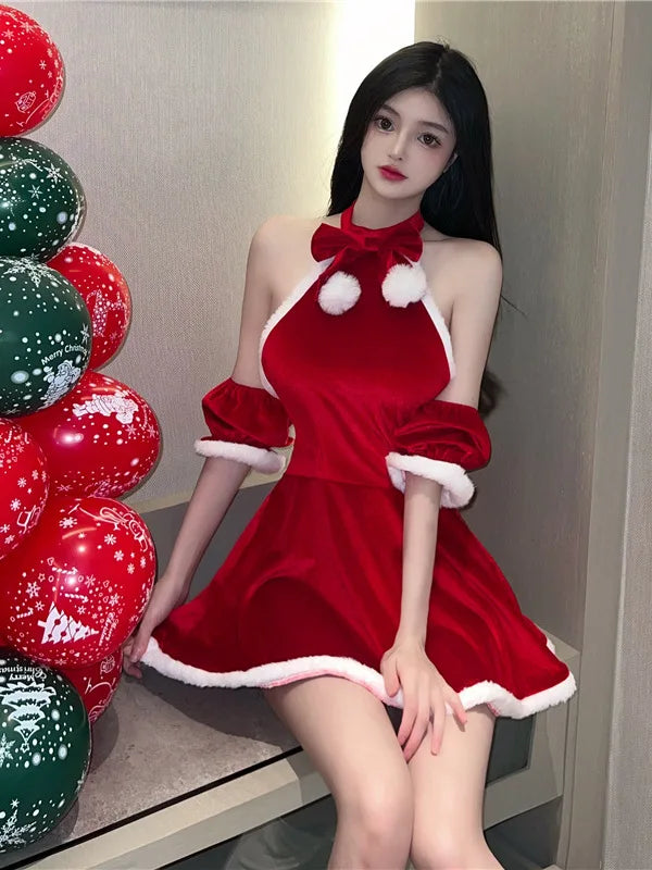 xsrrr Sexy New Year Christmas Red Spicy Girl Plush Sex Mini Dress Girl Hot Sexy Korean Women Spice Girls Uniform New Top