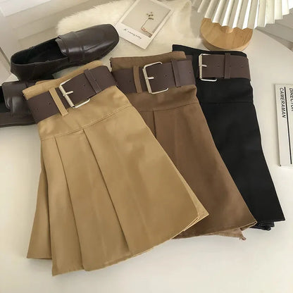 xsrrr High Waist with Belt Pleated Skirts Women Y2K Summer Korean Streetwear Mini Skirt Female Solid Preppy All Match A Line Skirt New