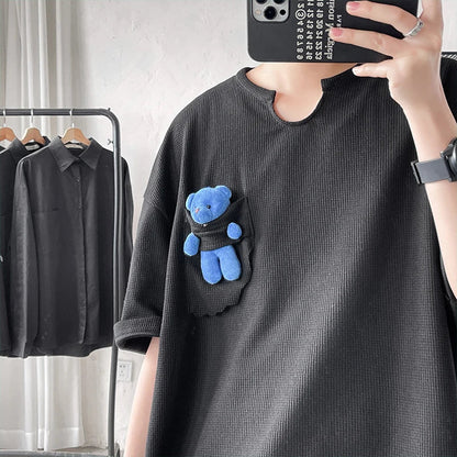 Waffle Short Sleeve T-Shirts Solid Color Pocket Doll Bear Design O-neck Tops Oversize Summer Men's Clothes Loose Casual Tops