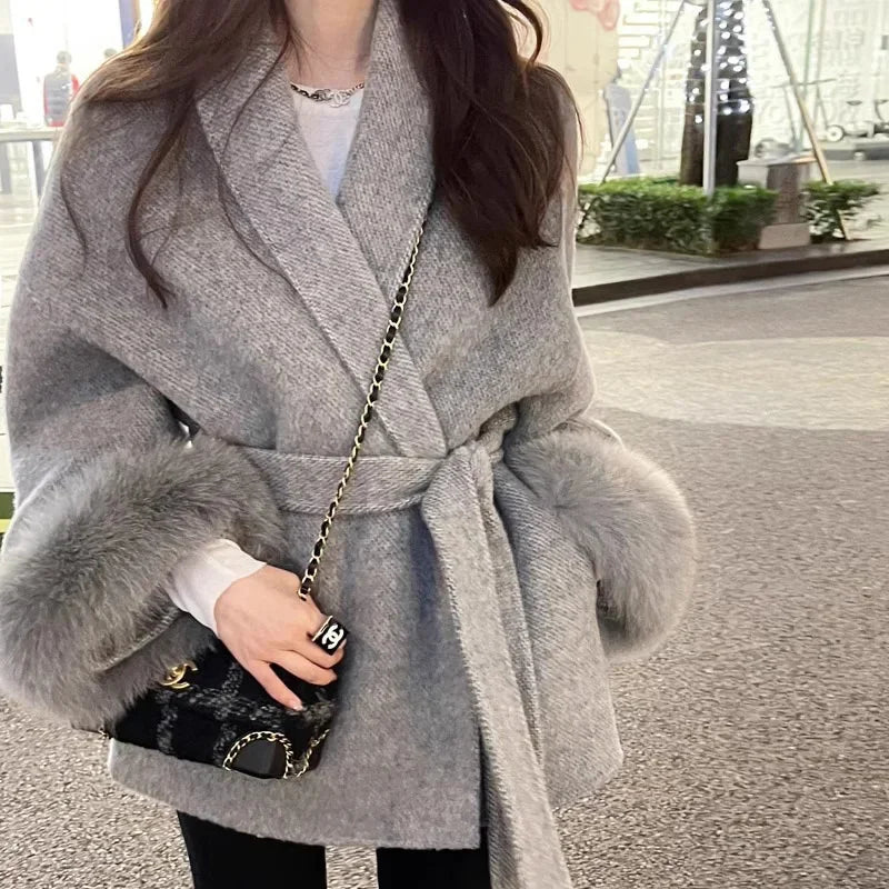 xsrrr Winter New Women Double-sided Wool Lace-up Coat Cuffs Removable Fox Fur High Quality Double-sided Cashmere Woolen Coat Female