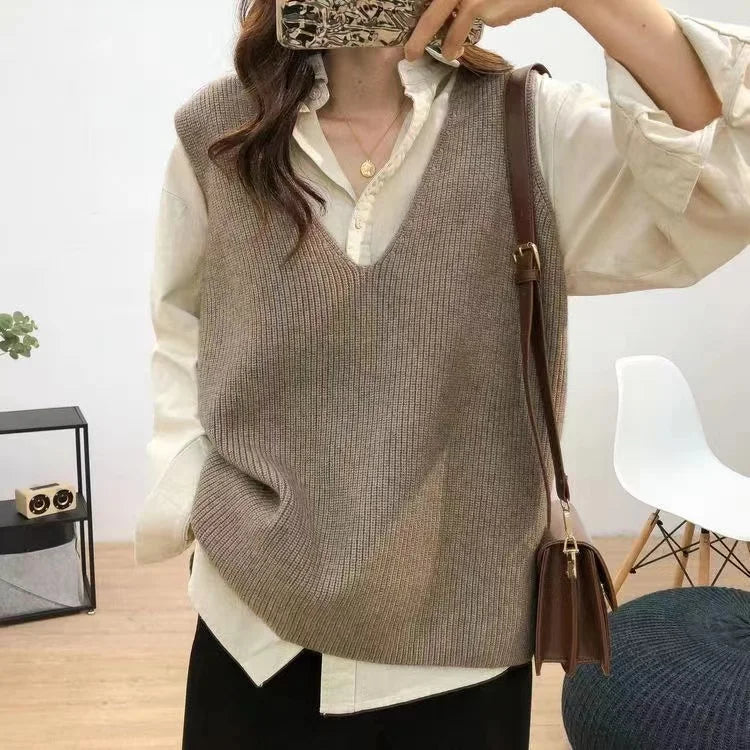 xsrrr New Korean Style Sleeveless Knitting V-neck Female Sweater Vest Loose Casual Office Ladies Autumn Women's Sweater Vest