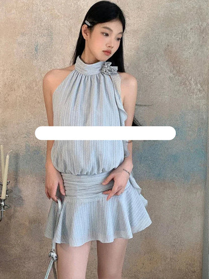 xsrrr DRESS TO IMPRESS 2024 Summer Chiffon Vintage Elegant Dress Women Flower Sleeveless Y2k Bodycon Dress Female Lace Up Korea Fashion Casual Clothes