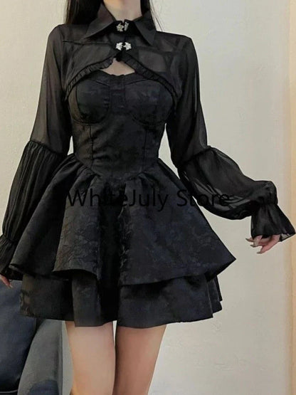 Hnewly DRESS TO IMPRESS Summer Black Gothic Lolita Short Party Suits Women Long Sleeve Coat + Pure Color Mini Dress Fashion High Waist Outfits Chic