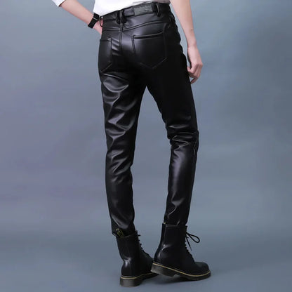 Men Leather Pants Slim PU Leather Trousers Fashion Elastic Motorcycle Leather Pants Waterproof Oil-Proof Male Bottoms Oversized