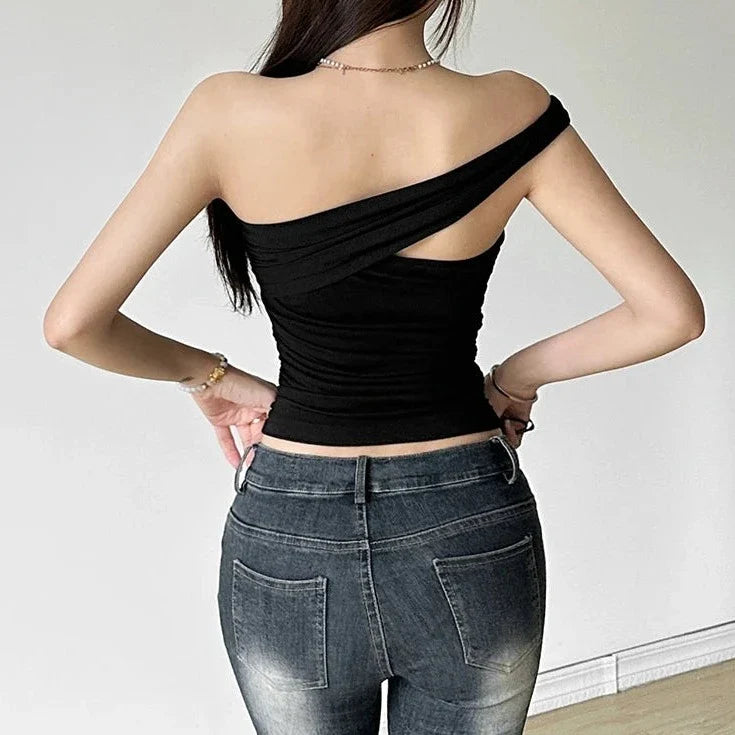 xsrrr Ruffles One Shoulder Tops Female Summer Sleeveless Simple Wild Basic Patchwork Casual Party Streetwear Skinny Vest