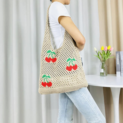 xsrrr Cute Strawberry Cherry Crochet Shoulder Bag for Women Large Shopper Bag Casual Tote Handbags Summer Beach 2024 New Women's Bag