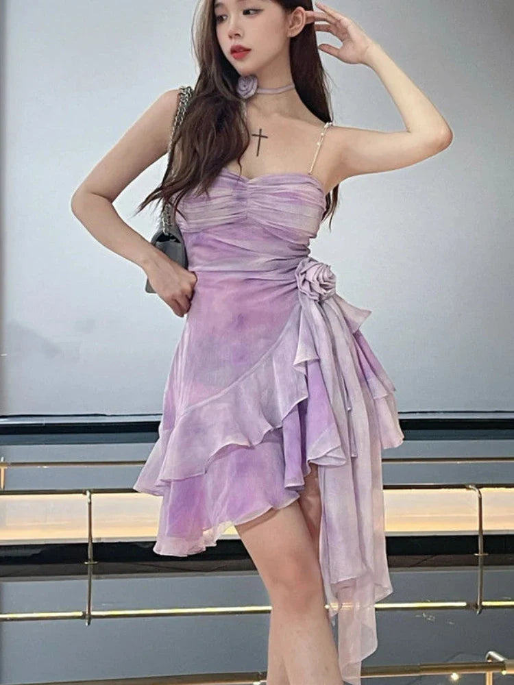 xsrrr DRESS TO IMPRESS Purple Sexy Elegant Mini Dress Women 2024 Summer Irregular Floral Y2k Vintage Strap Dress Female Folds Design Short Party Dress