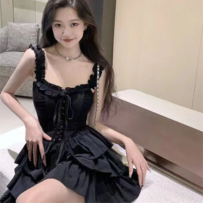 xsrrr Gothic Black Sexy Slip Dress Y2K Harajuku Streetwear Punk Lace Up Cake Dress Female Summer Korean Fashion Party Ruffles Dresses