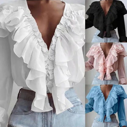 xsrrr Spring Autumn Elegant Ruffles Women Shirts Top Casual V Neck Long Sleeve Loose Female Solid Chiffon Blouses For Women Blusa