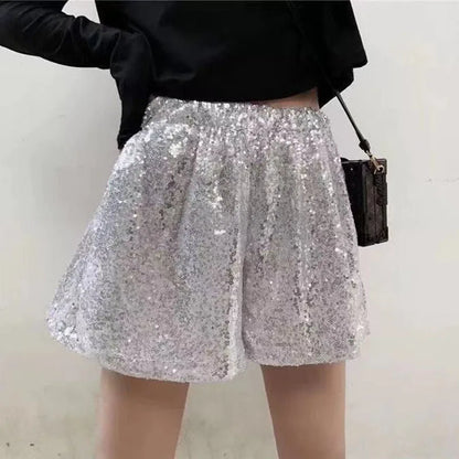 xsrrr Fashion Elastic Waist Chic Sequined Wide Leg Shorts Summer New Women's Clothing Korean Casual A-Line Loose Pants for Female