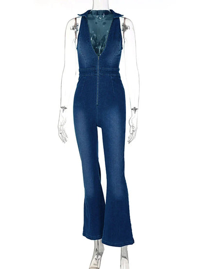 xsrrr Denim Jumpsuit V Neck Zipper Bell Sleeveless Sexy Outifts Elegant Backpacker  Party Summer