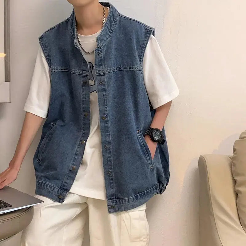 Denim Sleeveless Jacket Men Fashion Oversized Harajuku Denim Jeans Casual Jeans Waistcoat Cowboy Hip Hop Streetwear Clothing