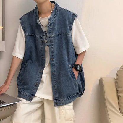 Denim Sleeveless Jacket Men Fashion Oversized Harajuku Denim Jeans Casual Jeans Waistcoat Cowboy Hip Hop Streetwear Clothing