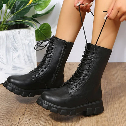 Hnewly Boots Women Autumn Winter PU Leather White Ankle Boots Motorcycle Botines Female Chunky Heels Platform Boots Botas Mujer