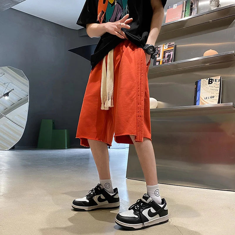 Solid Loose Shorts Thin Summer Sports Thousand Pleated Straight Wide-leg Casual Pants Oversized 5-point Pants Men's White Orange