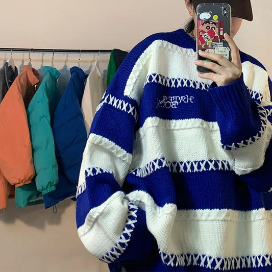 Patchwork Striped Men's Knitted Sweater Blue Pullovers Punk Black Sweaters Male Oversize Korean Streetwear Hip Hop