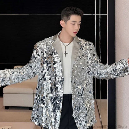 Men's Sequins Blazer Glitters Bling Suit Jacket Singer Stage Shiny Clothing Black Silver Oversize Party Suit Coat Man