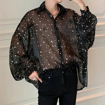 2024 New Starry Sky Mesh Sexy Long-sleeved Shirt Men's Loose Oversize Lapel Shirt Top Sun Protection Shirt See-through Blouse