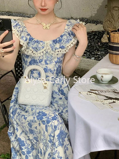 xsrrr DRESS TO IMPRESS Elegant Korean Fairy Long Dress Women Sexy Ruffles Party Slip Floral Dress Korean Style Summer Dress Female 2024 Casual Fashion