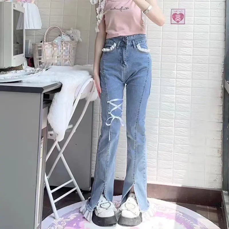 xsrrr Sweet Spice Girl Little Lace Strap Jeans Spring Summer New Ins Slim Elastic Split Horn Wide-leg Denim Pantalones High Waist Pant