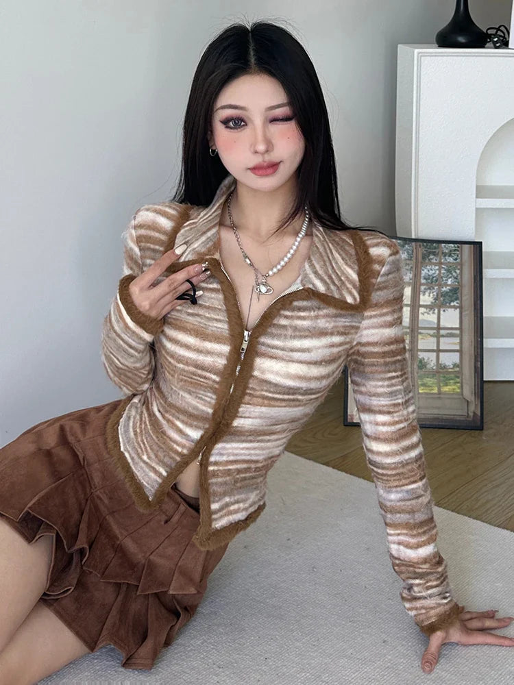 xsrrr Striped Knit Sweater Cardigan Y2K High Street Women Autumn Turn-down Collar Zipper Sweaters Coat Female Casual Korean