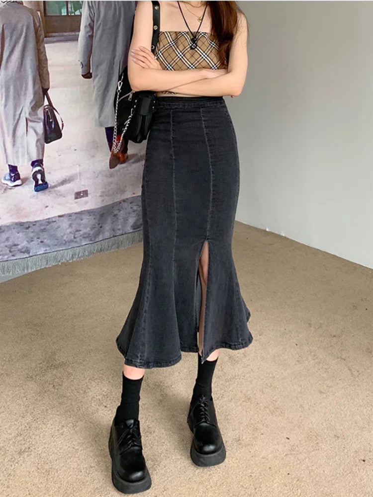 Hnewly Denim Slit Long Skirt Women Korean Fashion Vintage High Waist Bodycon Ruffles Mermaid Midi Skirt Elegant Chic Summer