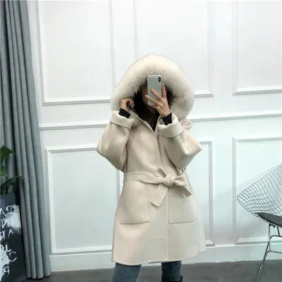 xsrrr New woolen Coat Oversize Ladies Outerwear Winter Women Natural Fox Fur Collar Cuffs Jacket Hood Cashmere Wool