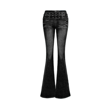 xsrrr 90s Retro Black Blue Belt Flare Jeans for Women Distressed Bootcut Pants High Waist Slim Fit Bell Bottoms Y2k Trousers