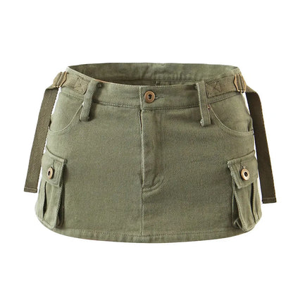 xsrrr Denim Cargo Mini Skirt Women Korean Style Low Waist Slim Sexy Vintage Streetwear Green Jean Skirt Y2k Girl Summer