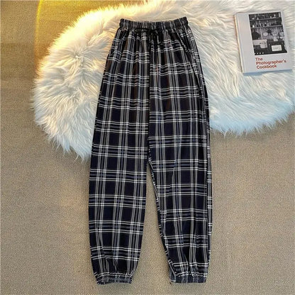 xsrrr Casual Pants for Women Korean New Fashion Loose Black Plaid Summer Harajuku Students Harem Long Pants Streetwear Trousers Chic