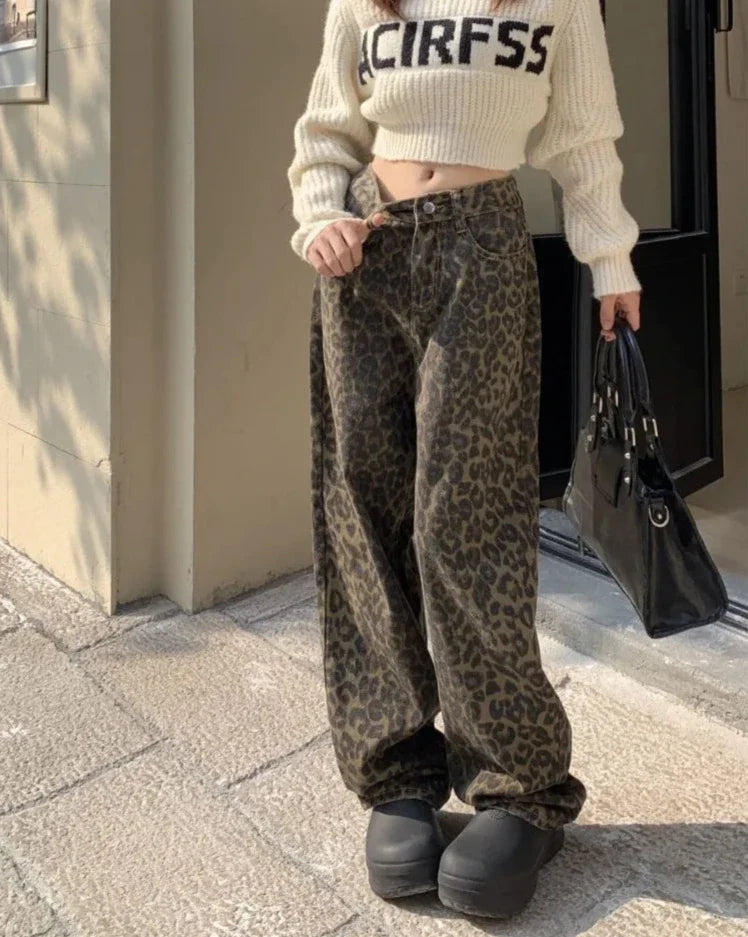 xsrrr Vintage Leopard Print Pantalon Femme Wide Leg Pants Women High Waist Straight Y2k Jeans Casual Fashion Korean  Jean Trousers