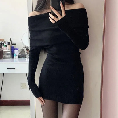 xsrrr Christmas Oufits Sexy Dresses Women Backless Knitting Slim Y2k Girls Tender Korean Style Soft Casual Autumn Slash Neck Hotsweet Cozy New Clubwear