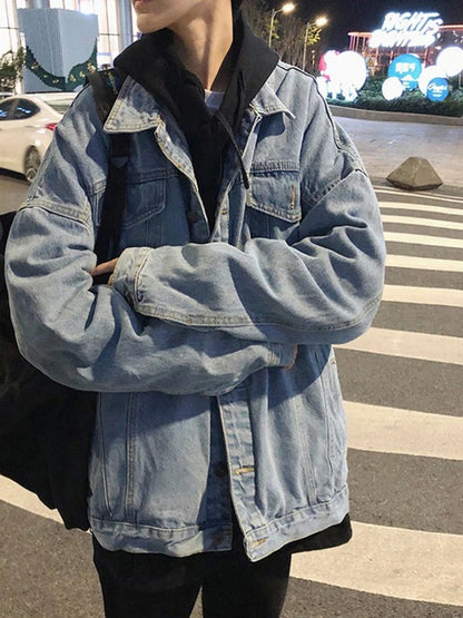 Black Denim Jacket Men's Autumn Handsome High Street Retro Big Pocket Tooling Coat Hong Kong Style Oversize Jeans Top