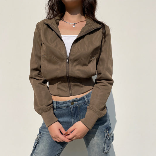 xsrrr Vintage Brown Cropped Jackets Women Harajuku Casual Slim Cargo Zipper Coat Y2K Streetwear Long Sleeve Outerwear Autumn