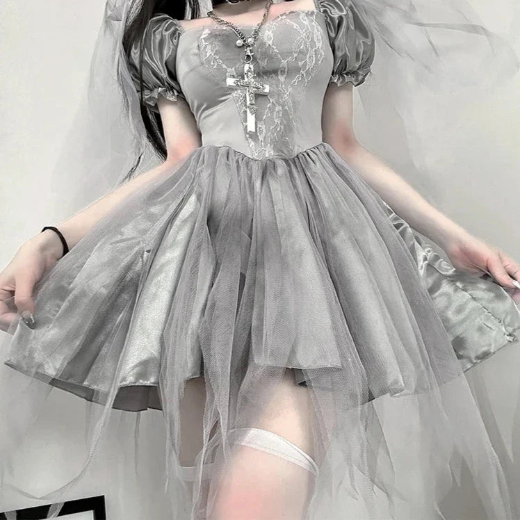 xsrrr DRESS TO IMPRESS Gothic Lolita Mini Dress Women Vintage Puff Sleeve Mesh Party Dresses Halloween Ghost Bride Witch Cosplay Costumes Role Play Set