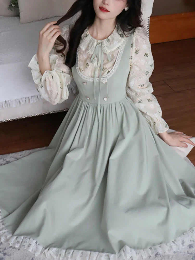 xsrrr DRESS TO IMPRESS Green Elegant Vintage Strap Dress Women Spring Lace Evening Party Midi Dresses Ladies Retro Korean Sweet Kawaii Fairy Dress