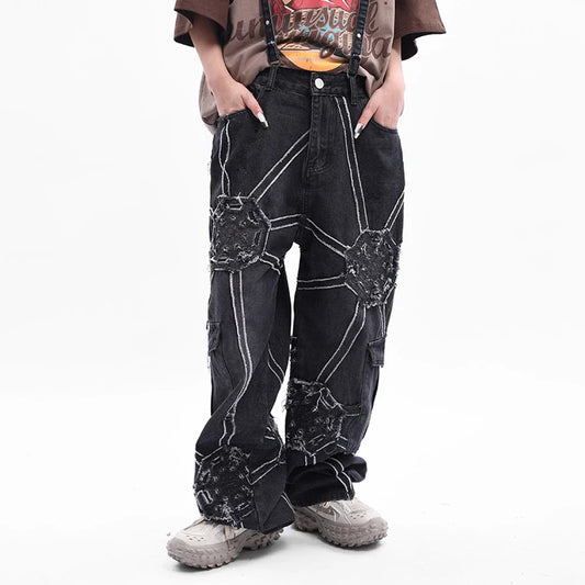 Oversized Hip Hop Wide Leg Jeans Men Y2k Punk Graphic Straight-leg Loose Trousers Black Cool Rap High Street Baggy Denim Pants