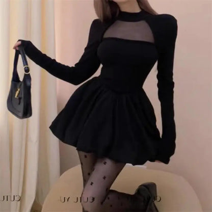 xsrrr DRESS TO IMPRESS Turtleneck Mesh Patchwork Hollow Out Mini Dress Women Sexy Slim Long Sleeve Solid Winter Fashion Chic Party Dresses Ball Gown