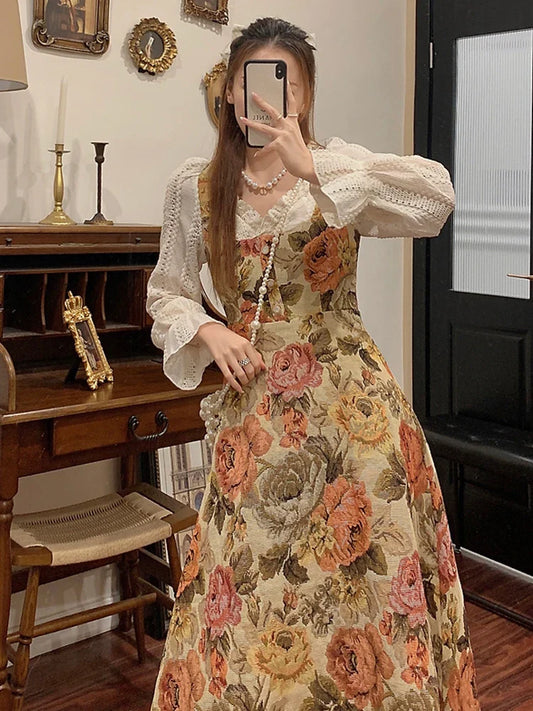 xsrrr Print Retro Elegant Fairy Dress Women Lace Korean Style Evening Party Midi Dress French Vintage Floral Dress Female Summer