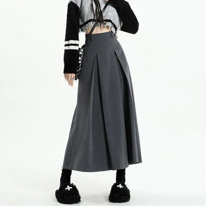 Hnewly Vintage Grey Suit A-line Skirt Women's Spring Autumn College Style High Waist Pleated Mid Length Skirt Femal