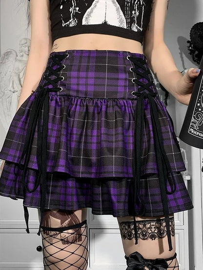 xsrrr Vintage Y2K Punk Sexy High Waist Mini Skirts Purple Plaid Bandage Harajuku Aesthetic Skirt Goth Grunge Cake Skirt Streetwear