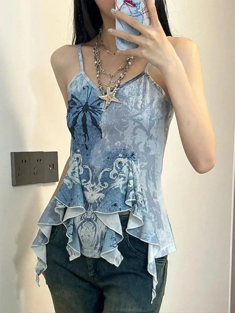 xsrrr Retro Tank Tops Women Sleeveless Blue Print Tank Y2k Vintage Camis 2000s Japanese E Girls Tee Irregual Tank Tops Summer