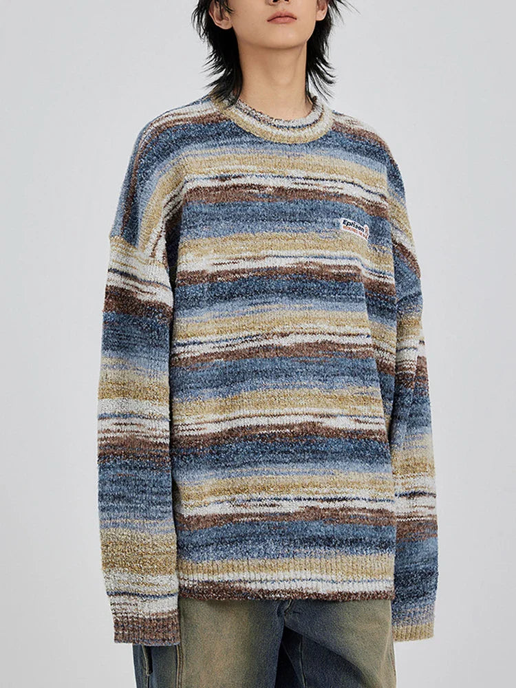 Striped Knitted Sweater Coat Men Japanese Y2K Oversize Casual Autumn Winter Loose O-neck Pullovers for Man Streetwear