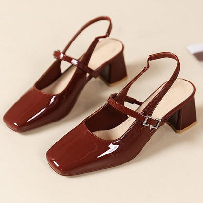 xsrrr High Heels Mary Jane Sandals Women Summer Red Patent Leather Slingbacks Pumps Woman Square Toe Thick Heeled Shoes Ladies